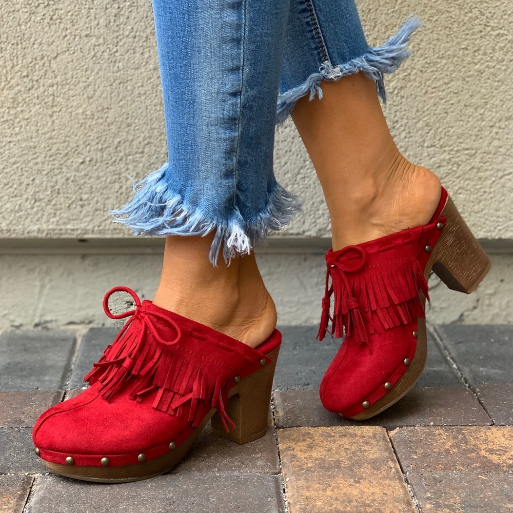 Ruby Red Fringe Tassel Studs Accent Mule Clog - Picture 4 of 8